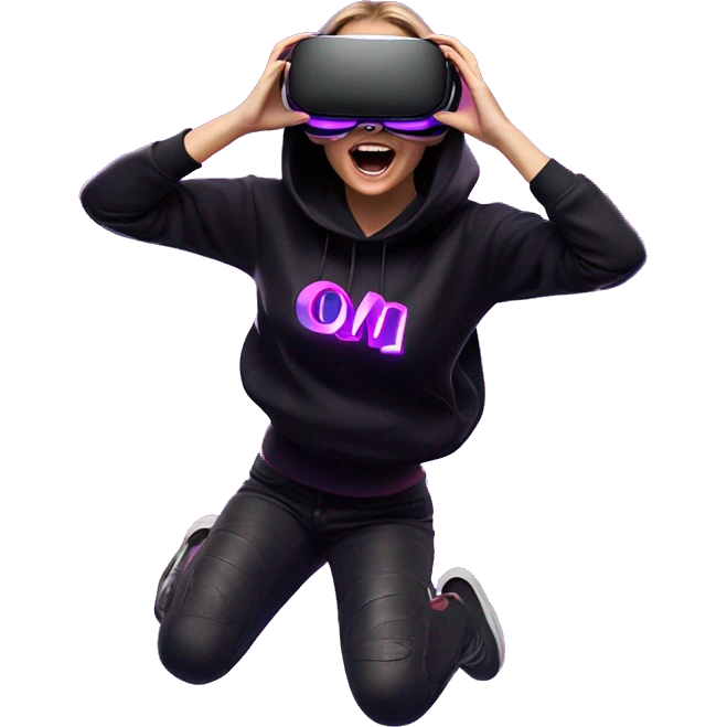 Russian girl wearing black hoody with violet letters "OMG", in vr headset oculus quest2. jumping. Cyberpunk style. Violet neon. emoji