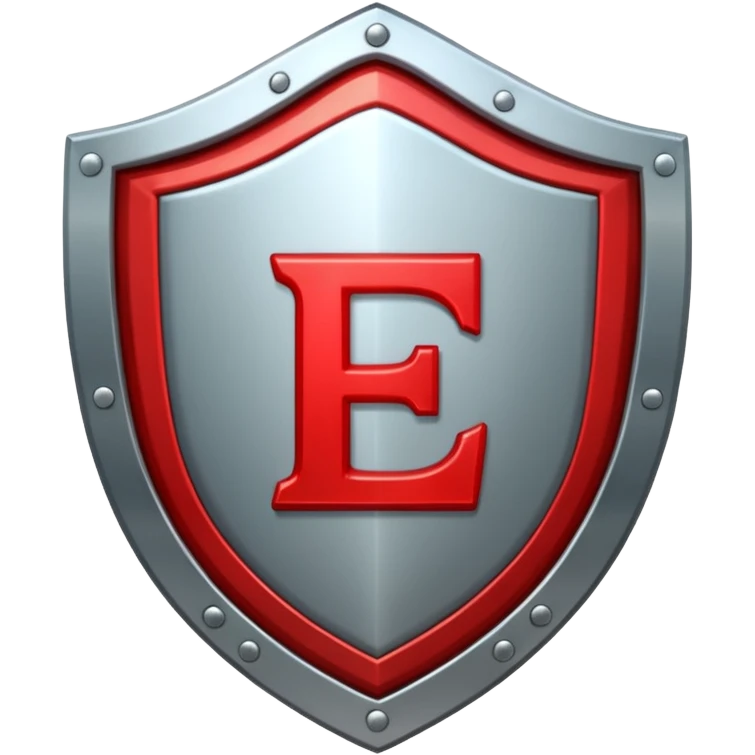 a metallic shield with a red letter "E" emoji