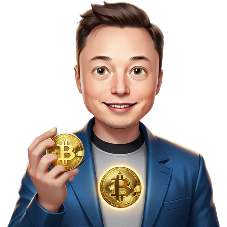 Elon Musk holding a shiny Bitcoin coin, with a futuristic digital glow around it, wearing a sleek space-themed outfit, smiling confidently, in a minimalistic and modern style. emoji