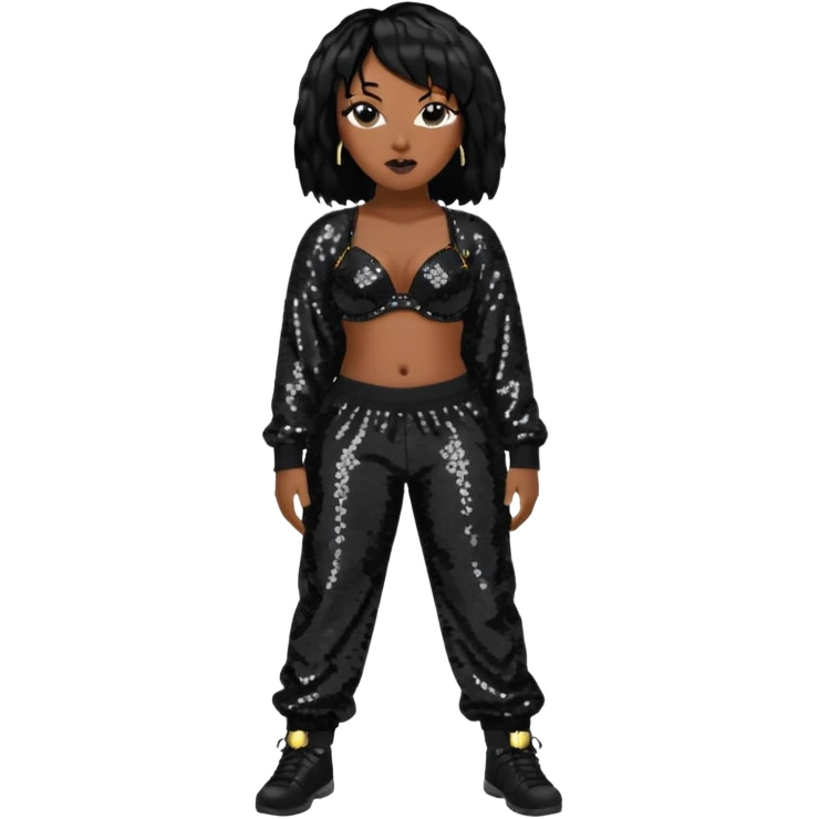 Missy Elliott with black hair, black sequin bra, black sequin baggy pants emoji