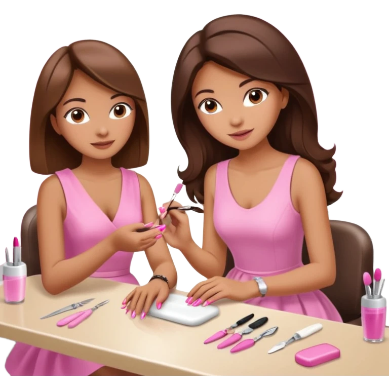 A realistic illustration of a girl with medium-length thick brown hair sitting at a manicure table. Another girl is carefully doing her nails, using professional manicure tools. Soft natural lighting, clean salon environment, detailed hands and nail work, warm and pleasant atmosphere. emoji