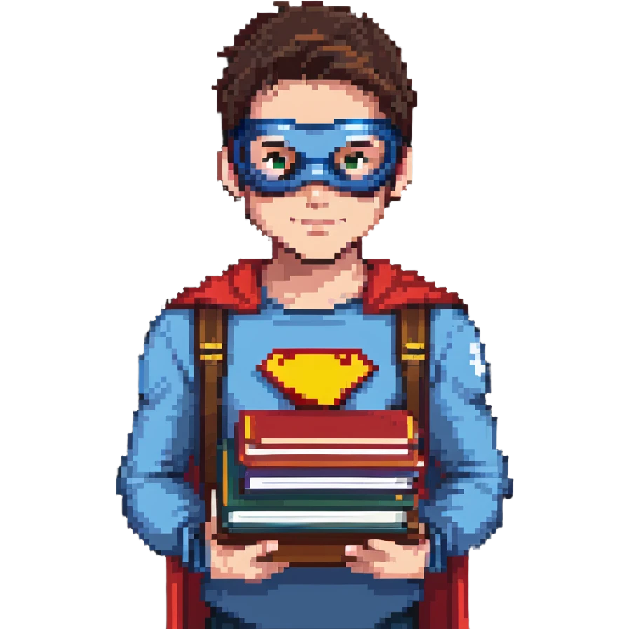 student with superhero mask and books emoji