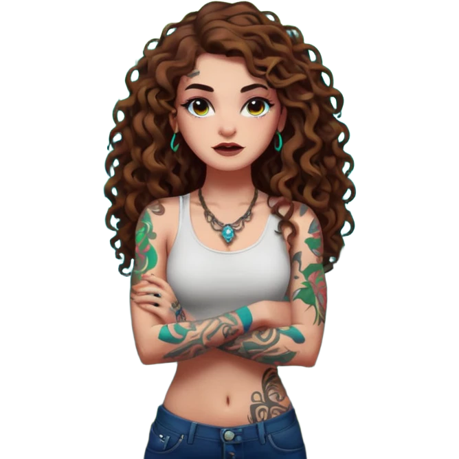 full body view of a woman with long curly brown hair, brown eyes, white skin, tattoos, arms crossed, eyebrow raised, neon forest chaos behind her emoji