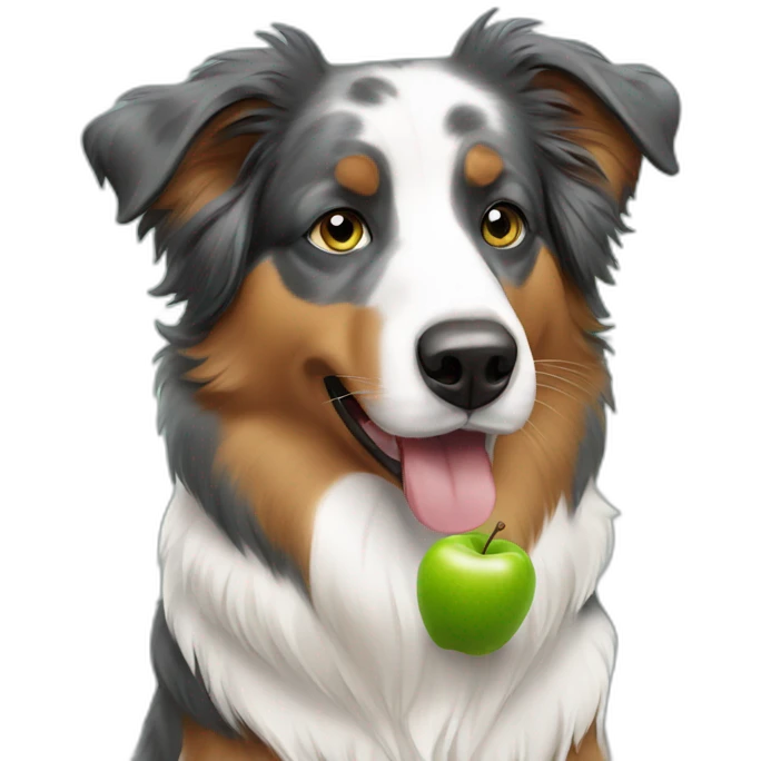 Australian shepherd eating a green Apple emoji