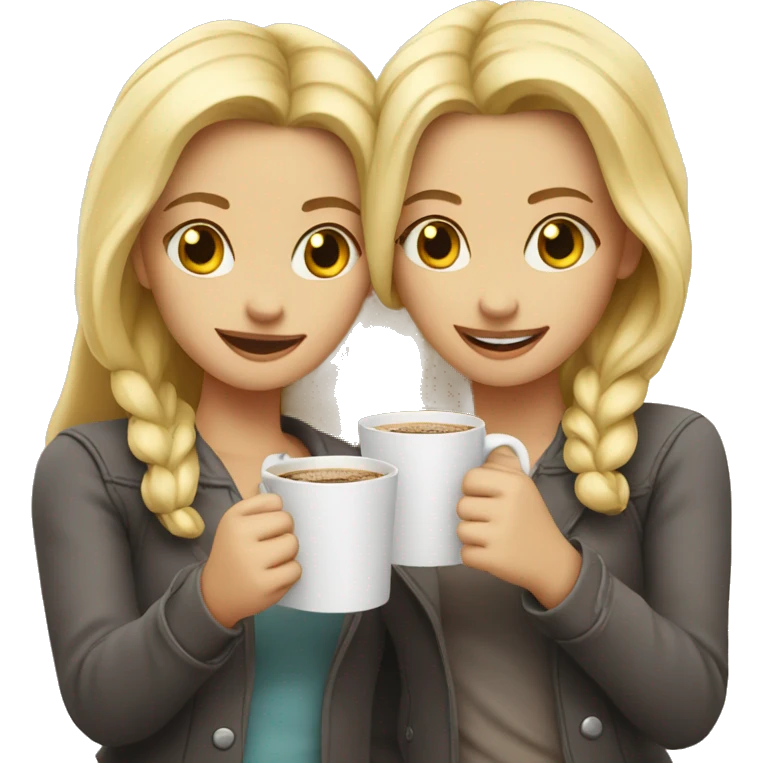Two blonde girls are standing in an embrace and holding coffee in their hands emoji