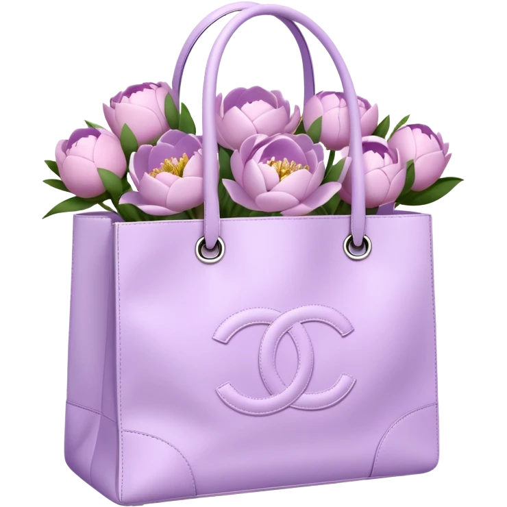 Realistic white chanel shopping bag with lilac peonies in it emoji