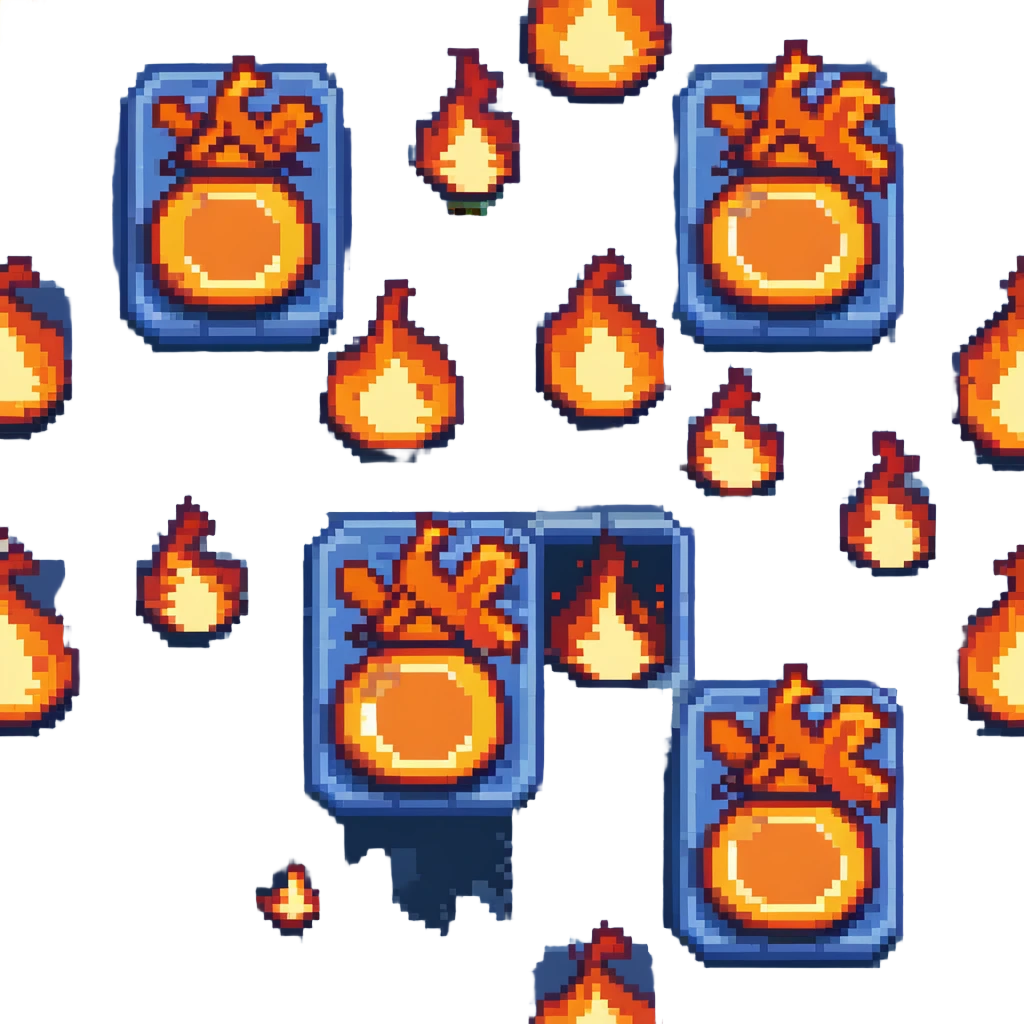 Bomberman vertical explosion tile, flames extending from top to bottom, orange/yellow core with red edges, flames about 60% of tile width, centered horizontally, clean pixel edges with motion detail emoji