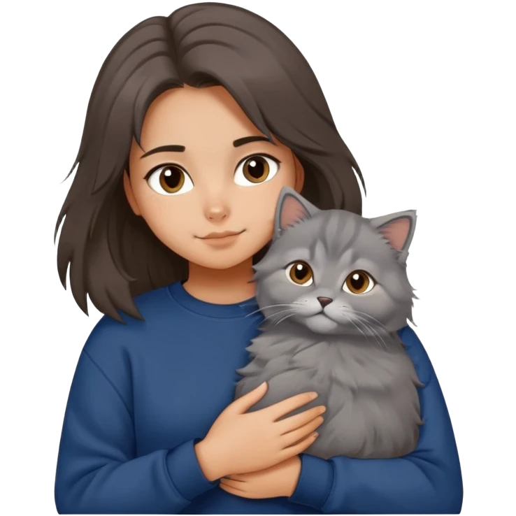Brunette girl with dark blue sweatshirt snuggling a fluffy grey Siberian cat, cute cartoon style emoji