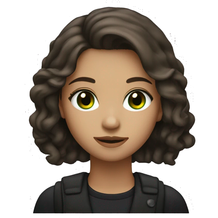 A girl with brown hair, green eyes, a slight smile, wearing small silver earrings. Dressed predominantly in dark clothing, especially black. emoji