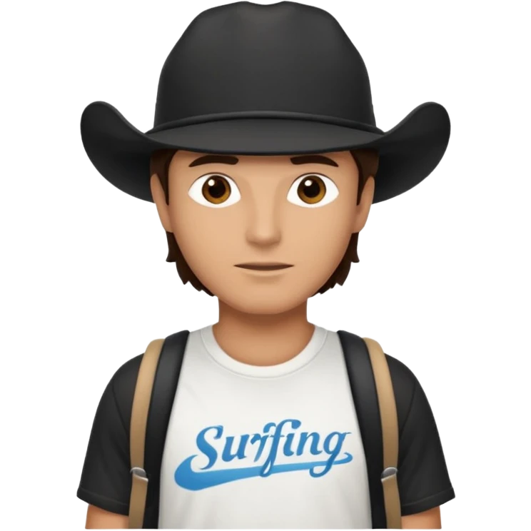 Male brunette movie producer black baseball hat that says surfing cowboys with white tshirt emoji