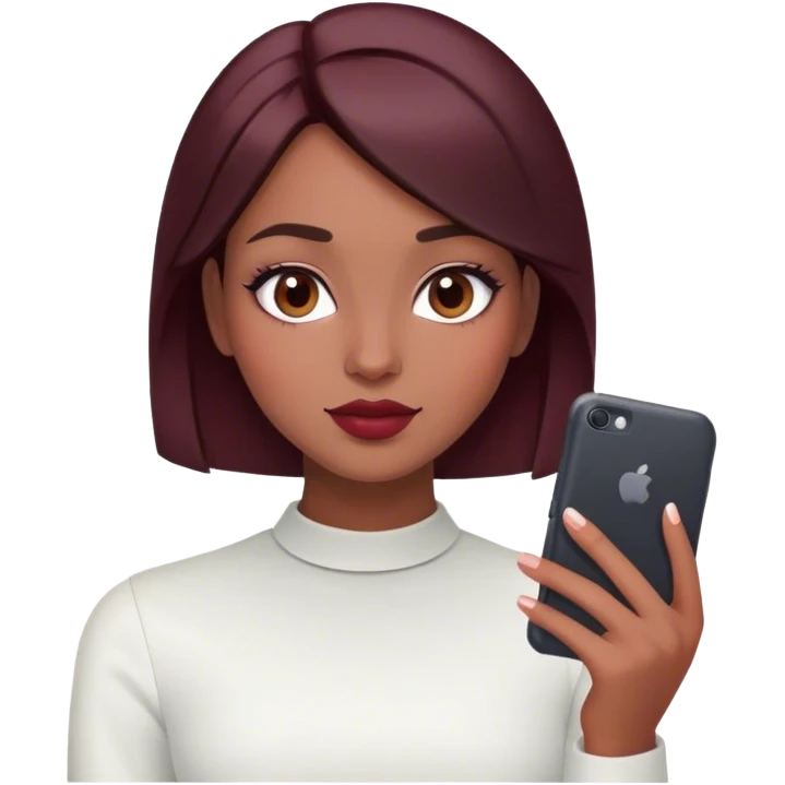 A brunette girl with a square hairstyle , selfie burgundy emoji