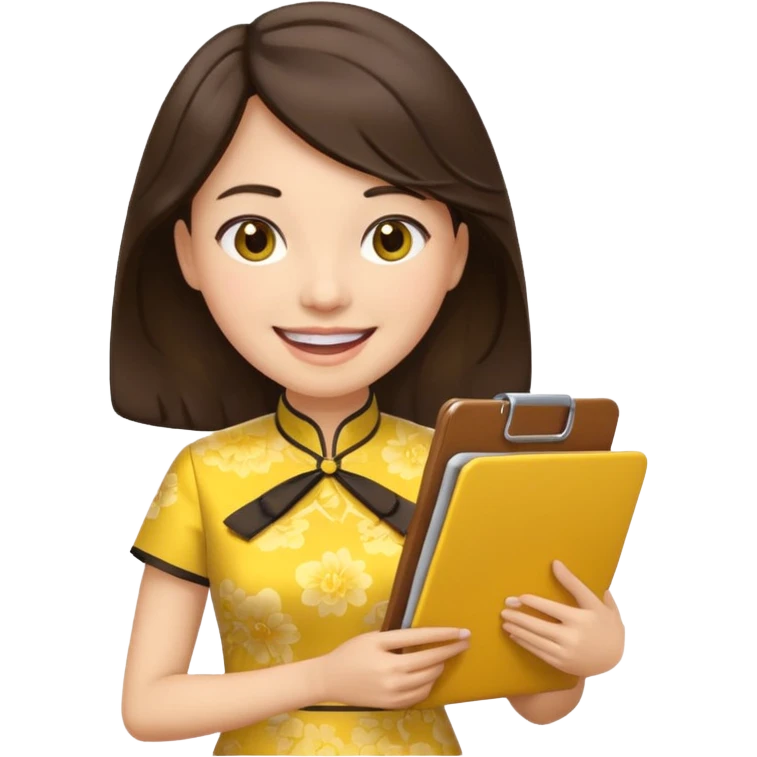 Teacher emoji but : wavy (not straight) dark brown hair, light skin, no glasses, dark eyes, with a computer folder in the hand (color is yellow), being a teacher, wearing a chinese qipao ( dark blue), smile with teeth




 emoji