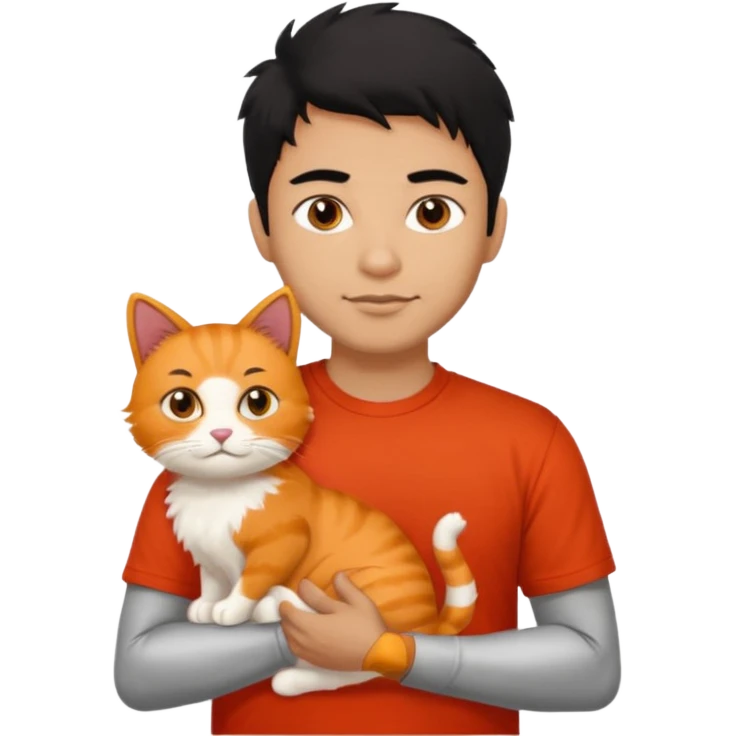 Indian Brown guy with black hair in red t-shit with orange cat emoji