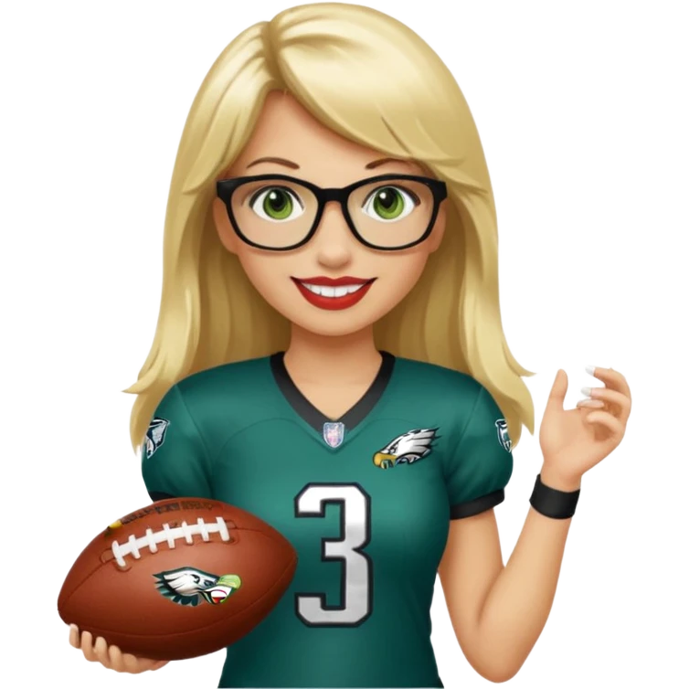 full length women wearing eagles uniform, long blonde hair, bangs, green eyes, black glasses, holding football, number 33, smiling, lipstick emoji