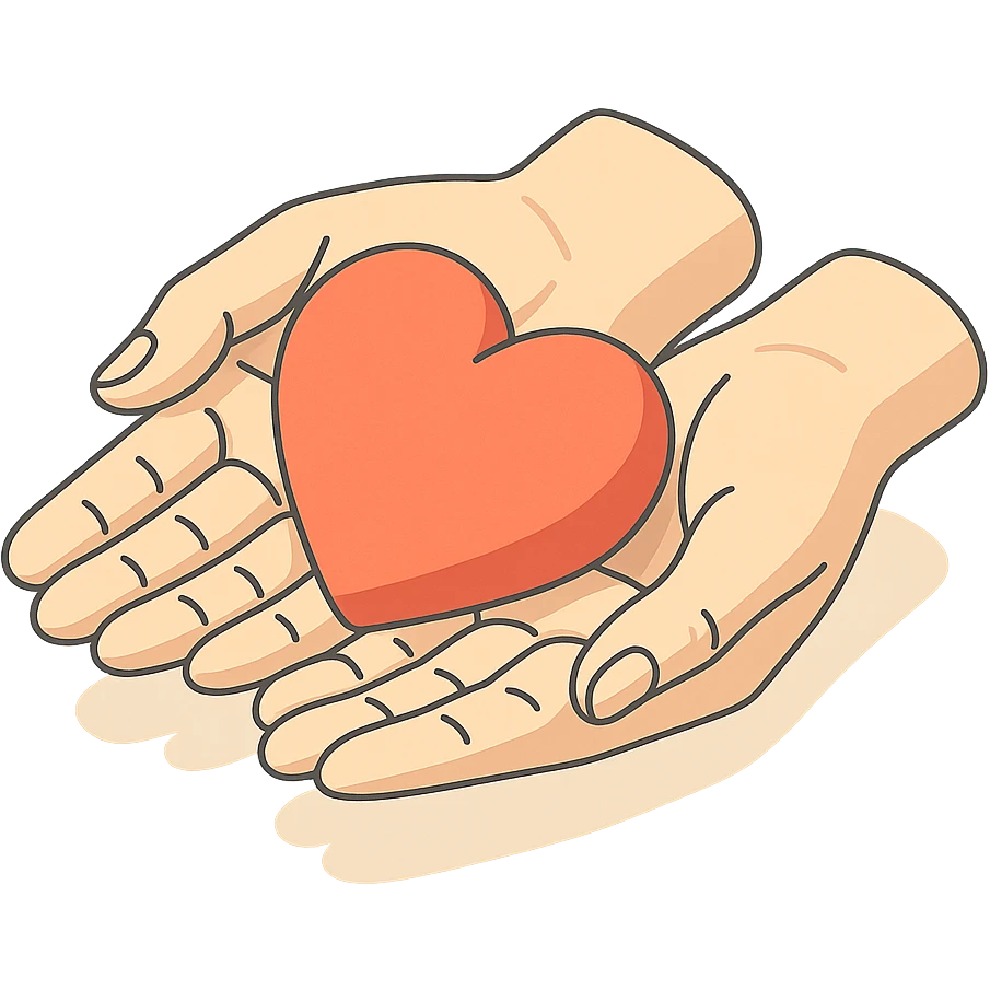 A very detailed 2D isometric style illustration of a heart held in neat feminine hands, hands cupped like a bowl, with detailed shadows and highlights, clean contours, soft lighting, and a transparent background. emoji