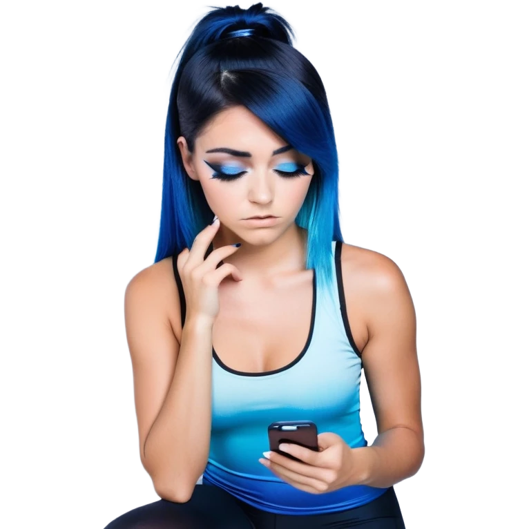Disapponted-big tears-head back texting on phone-very very large upper body-sexy face-bending forward at waist-very long very straight dark blue to light blue ombre hair-and-blue eyes-thick black eyeliner-long eyelashes-iridescent blue lowcut tanktop with black leggings with glitter superman logo emoji