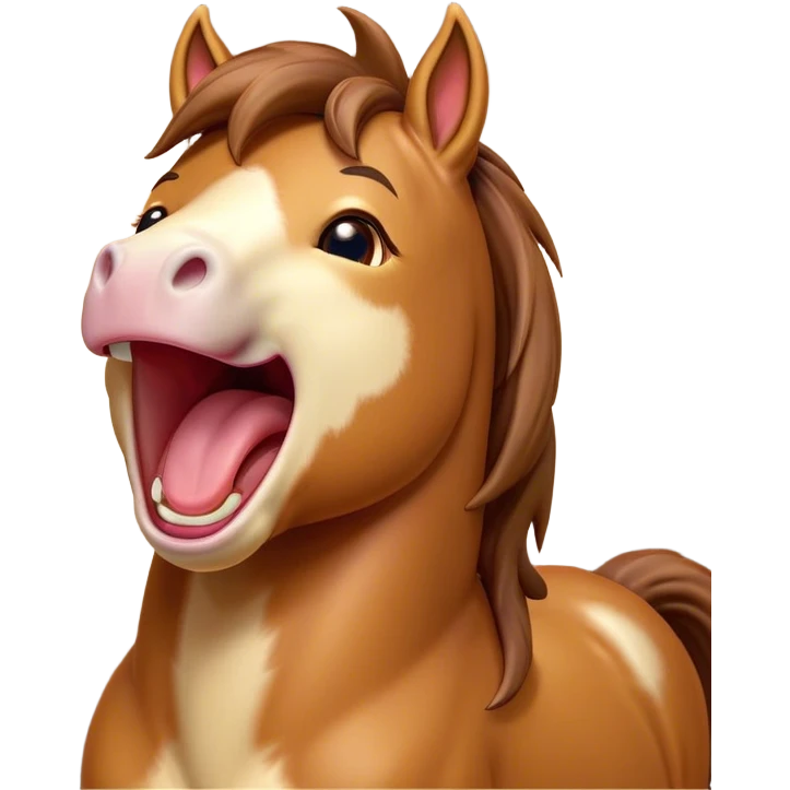 Cinematic Cute Yawning Bay Horse Portrait Emoji, Head tilted slightly with a dramatic, wide-open yawn, revealing a smooth bay fur with a subtle luster, floppy ears slightly drooping, round amber eyes barely open in drowsy contentment, Simplified yet irresistibly adorable features, highly detailed, glowing with a soft, cozy glow, high shine, relaxed yet expressive, stylized with a touch of equine whimsy, bright and endearing, soft glowing outline, capturing the essence of a sleepy yet affectionate horse, so drowsy it feels like it could stretch out of the screen and curl up for a nap! emoji