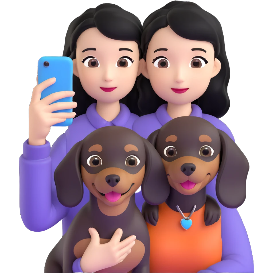 black hair asian girl taking selfie with black dachshund emoji