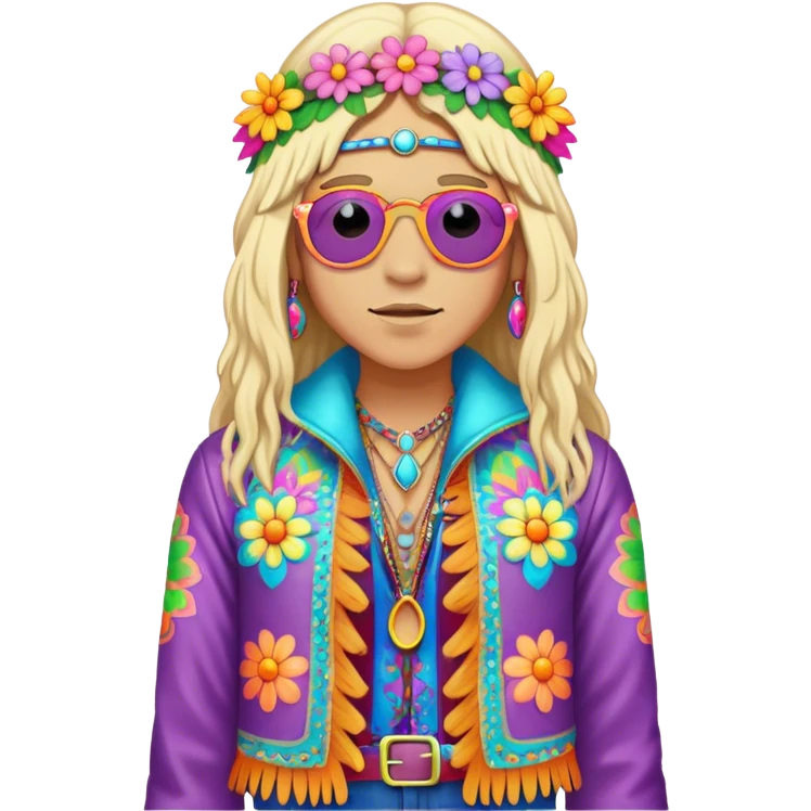 3D, psychedelic colored hippie wearing hip huggers and a fringed jacket with flower border emoji
