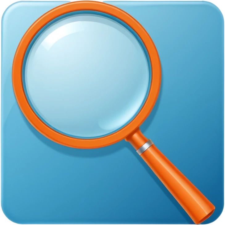 A stylized blue magnifying glass tilted right, flat design, minimalist, vibrant orange handle, white circular background, high resolution, 2048x2048 pixels, vector art, clean lines emoji