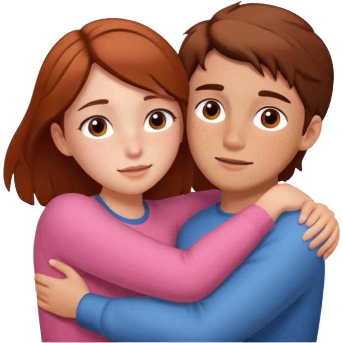 Girl and guy, both peach skin, girl has freckles, both have browm hair HUGING EMOJI emoji