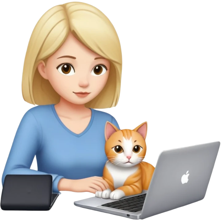 A girl is working on a laptop with a cat lying next to it emoji