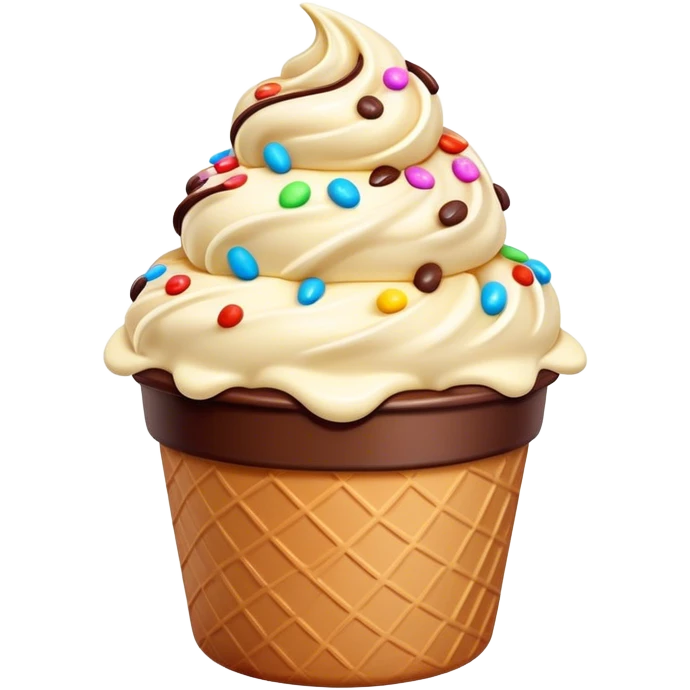 Cinematic scoop of rich, creamy ice cream, slightly melting, smooth swirls of chocolate and vanilla, colorful sprinkles on top, warm glowing background, playful and inviting. emoji