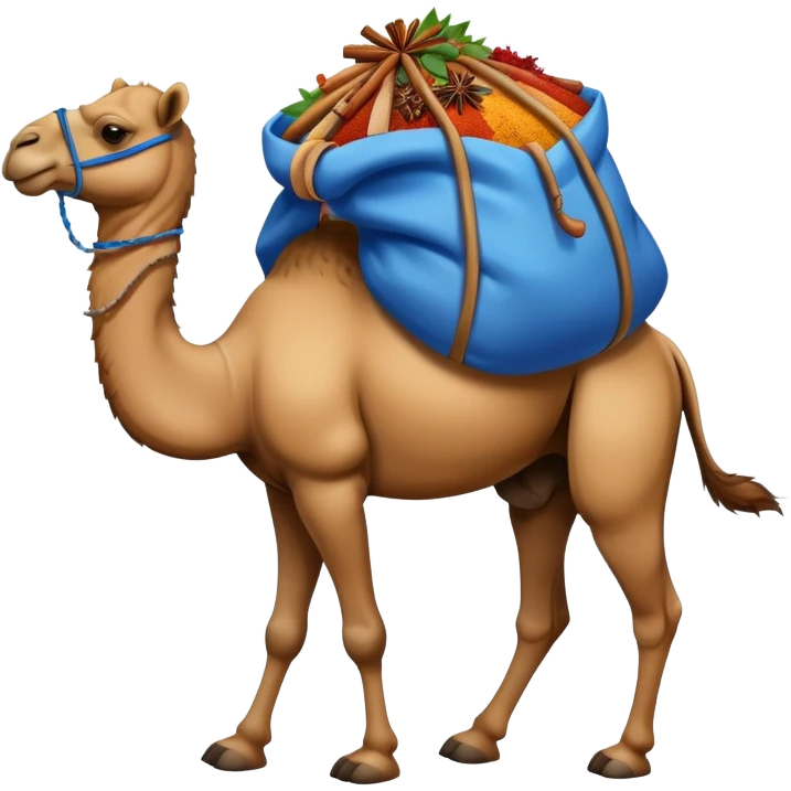 a camel with a blue sack with spices on his back emoji