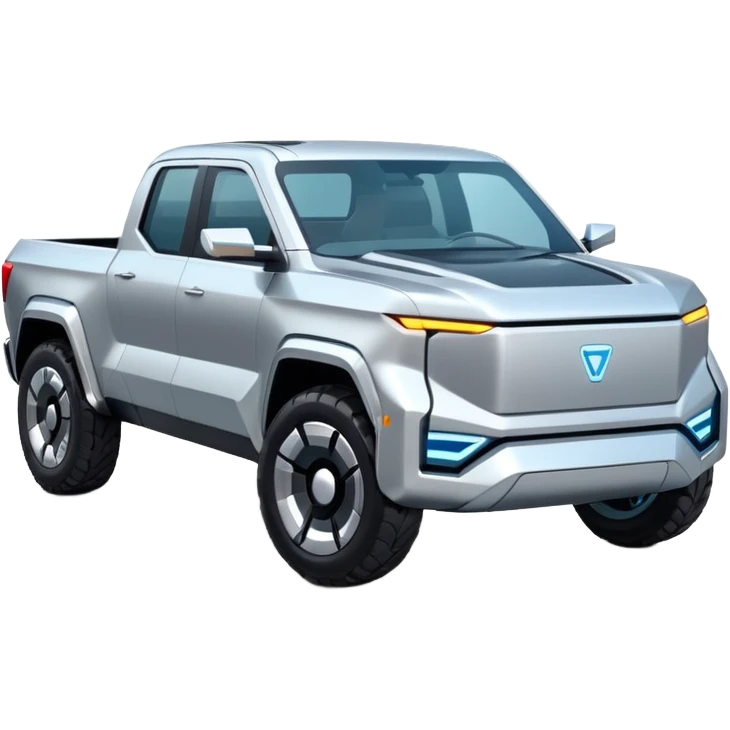 A futuristic electric pickup truck emoji, silver chrome body, angular cyber design, smooth metallic panels, subtle reflections, minimalistic proportions, iOS emoji style, centered composition, clean white background, soft lighting emoji