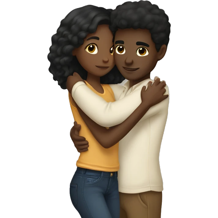Dark brown skin black haired girl hugging tan black hair guy emoji