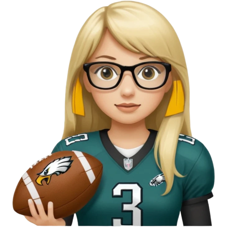 full length women wearing eagles uniform, long blonde hair, straight bangs, black glasses, holding football, number 33 emoji