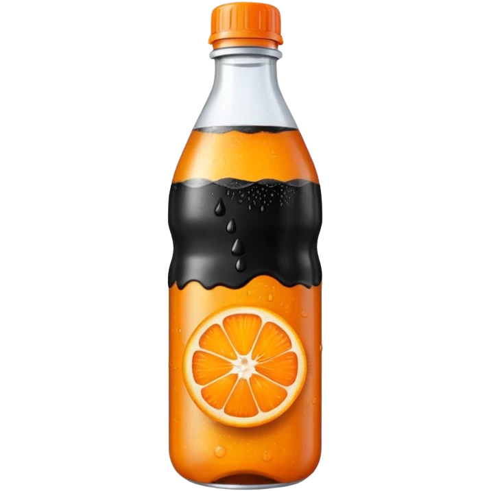 Create a drink in a plastic bottle with a black liquid named Kofola and orange emoji