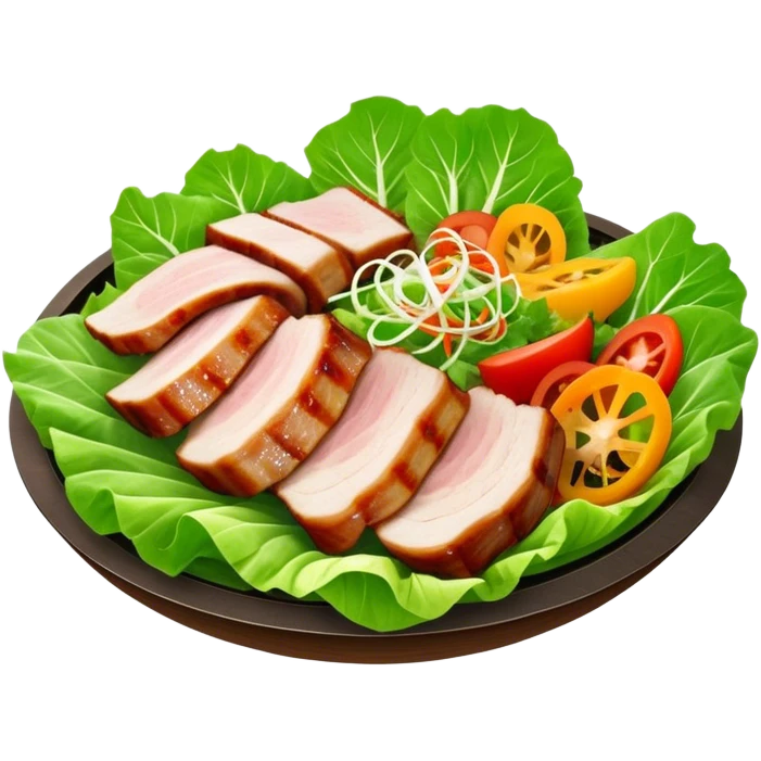 Samgyeopsal Cinematic Realistic Samgyeopsal Dish Emoji, depicted as slices of grilled pork belly served in crisp lettuce leaves with assorted fresh vegetables, rendered with dynamic textures and appetizing, natural lighting. emoji