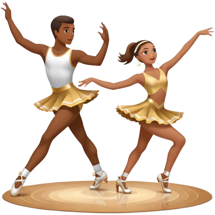 Icon for Sports Dance: a couple performing an energetic synchronized dance in competitive attire, with dance shoes, a rhythmic dance floor, and a competition backdrop. The icon should represent athleticism, technique, and precision. Transparent background. emoji