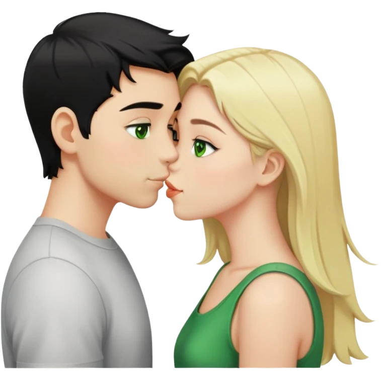 Kissing couple of boy with short black hair and green eyes and blonde girl with long hair emoji