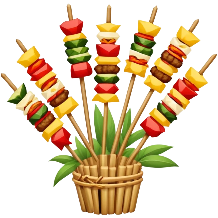 Sichuan Skewers Chuan Chuan Xiang with various foods on bamboo sticks, simplified emoji style with bold outlines and bright colors, cartoon style spicy street food emoji