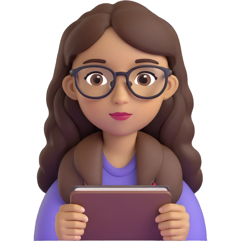 light skin brown girl with long dark brown hair and dark brown eyes, wearing glasses emoji