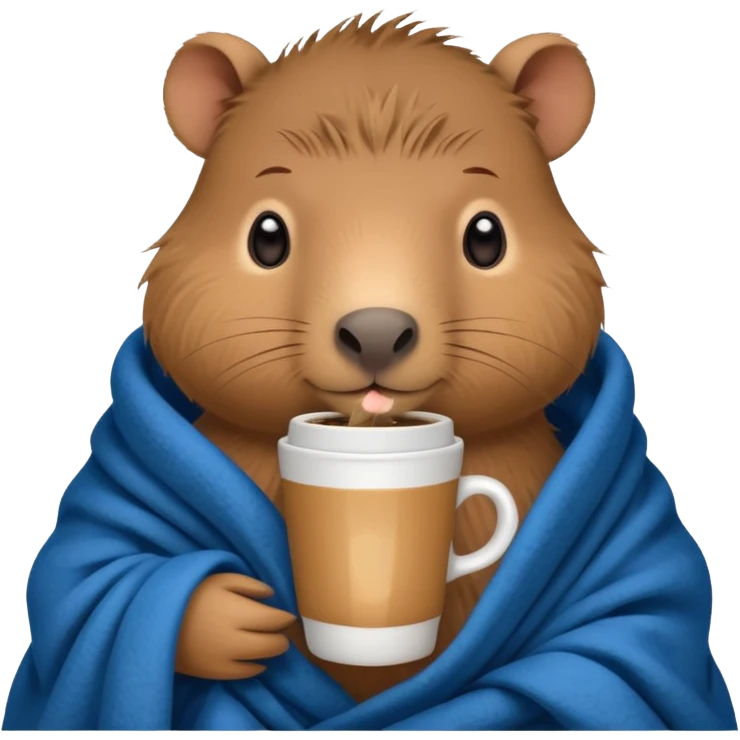 baby capypara in cozy blanket, drink coffee emoji