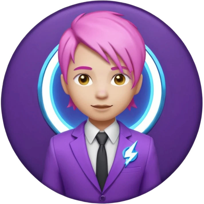 Cute 3D emoji-style character with pink hair and purple eyes, inside a circular badge. No hands, no pose. Clean purple suit with a glowing neon-blue ‘C’ logo on the chest, small lightning accent. Smooth Apple-style lighting, friendly expression emoji