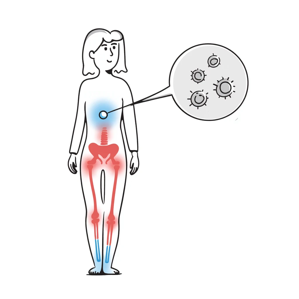 Medical illustration of anti-inflammatory process: transparent human body with highlighted joints, cool blue healing energy neutralizing red inflammation areas, small circular inset showing immune cells becoming calm, clean clinical style with soft futuristic background emoji
