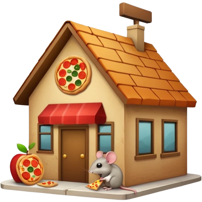 emoji-style icon of a restaurant building with a food sign like a burger or pizza, trash and food scraps outside, flies, bugs, and a rat in the style of the apple emoji rat, unsanitary and dirty, clear at small size, no text emoji