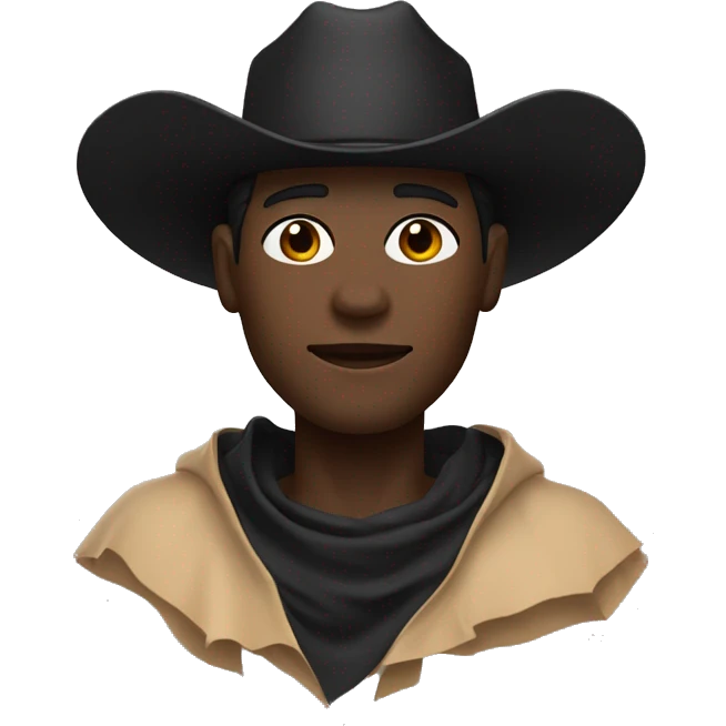 a black guy with fair skin, wearing a black cowboy hat and a black bandana covering the lower part of his face. A brown poncho is visible. Angle: upper body, accent on the face emoji