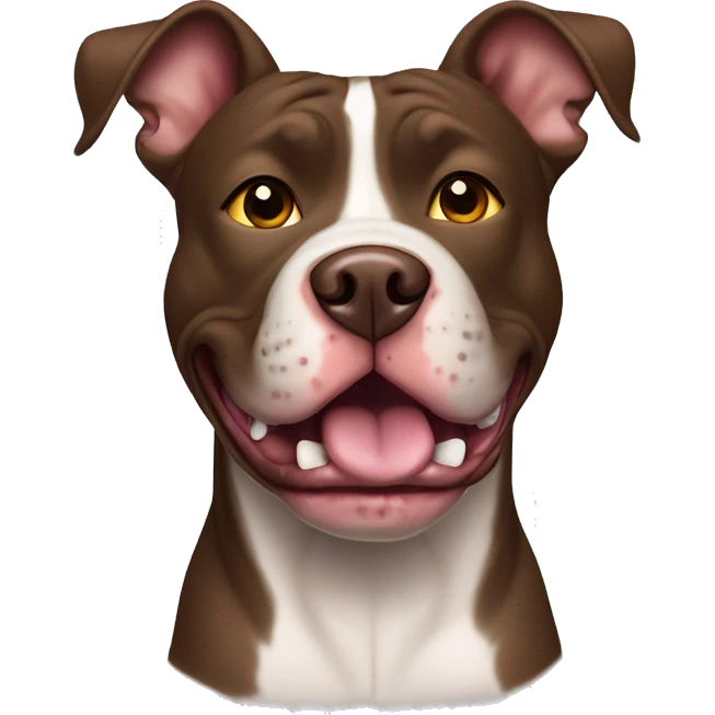American pit bull dog with cropped ears, the colour of the dog is chocolate tiger, it sits and looks forward. mouth is open, tongue sticks out emoji