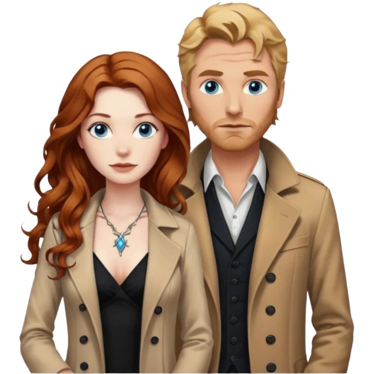 J9hn Constantine and Long wavy Auburn hair woman BLUE eyes wearing black cami and one tattoo sleeve emoji