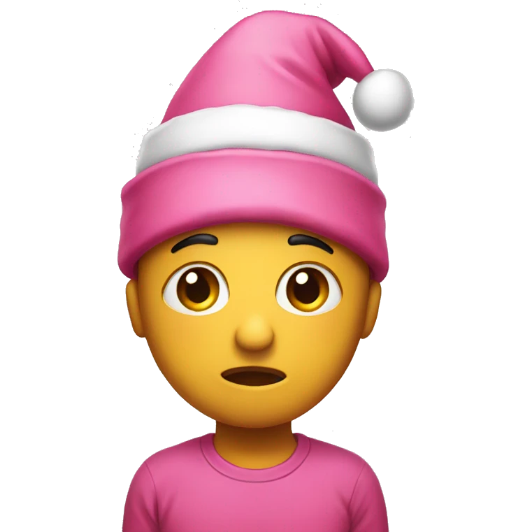 A sad emoji wearing a pink Christmas hat emoji