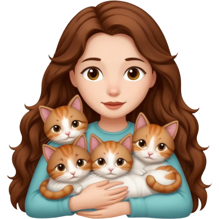 pretty girl with long wavy brown hair snuggling 6 cats emoji