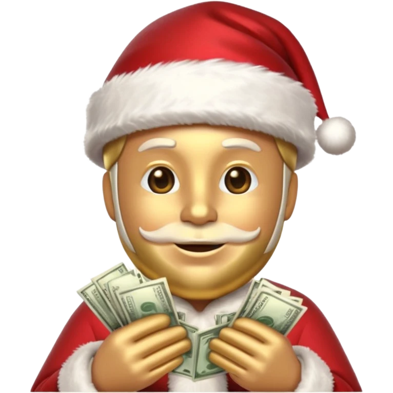 A confident rich emoji face wearing a Santa hat, money stacks, casino vibe, New Year theme, premium 3D emoji style, sharp details, no text, isolated on transparent background emoji
