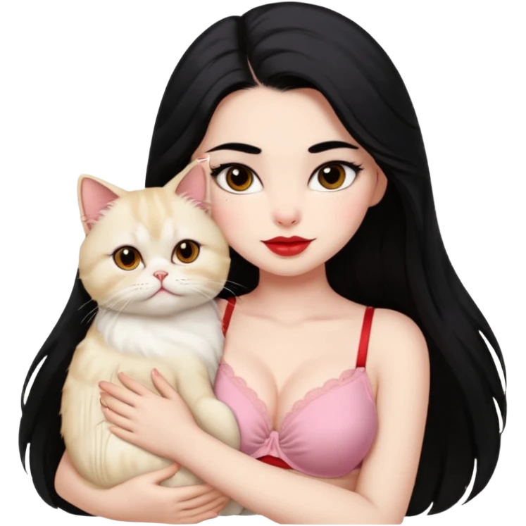Beautiful Girl Long Hair black, Brows Big , Skin White, bra Pale Pink , Big Red Lips, EyesCoffe , Big hug Little baby Persa Cream Cat With Cute Eyes emoji