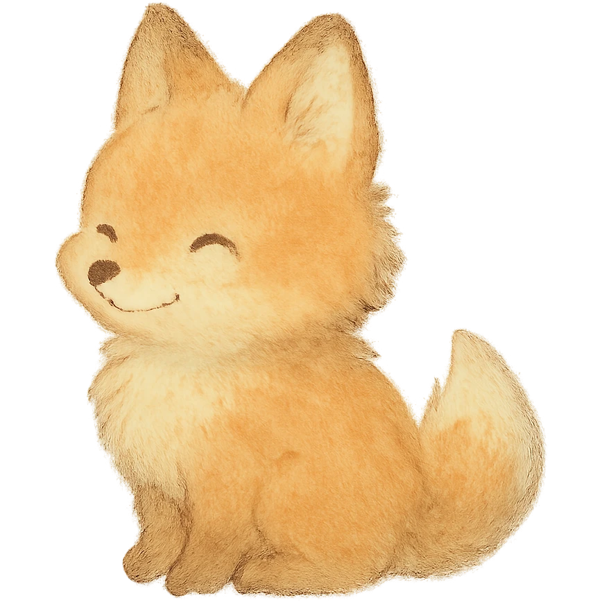 fluffy baby fox silhouette, Japanese soft pastel hand-drawn style, full object, transparent background, with a gentle smile emoji