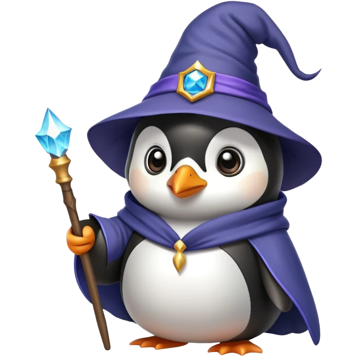 penguin wearing a wizard hat and robe holding a magic wand emoji